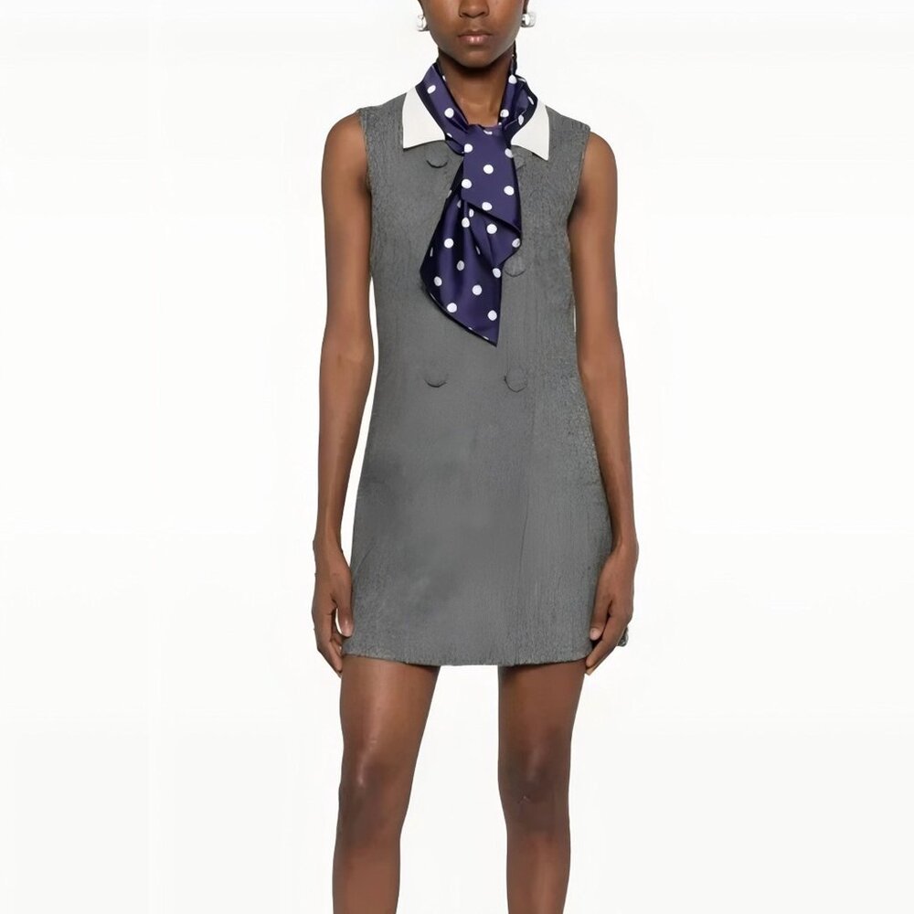 Self-Portrait Grey Herringbone Scarf Detail Mini Dress in a wool blend material